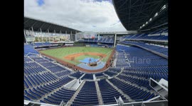General view of bleachers, or bleachers, and blue seats from the gardens of the loanDepot Park or Marlins Park stadium, home of the Caribbean Series and the MLB Major League Baseball team in Miami Florida, United States February 2024. Miami Marlins, Flori