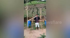 Local walks with bamboo poles on each leg for extra reach