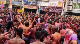 Today thousands of boys tore their shirts in the traditional way and hung them on the electric wires and danced on this great festival of Holi in Prayagraj.