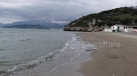 Minturno beach, with Monte D'argento in the background, the main symbol of the Ulysses nature reserve, in the Lazio region.