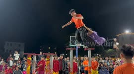 Spectacular lion dance practice by two young men in China