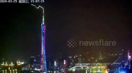Breath-taking view Chinese Guangzhou tower struck by lightning as severe weather hits city