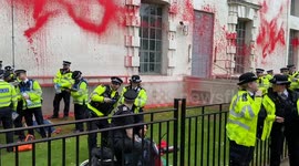 Police make arrests as Palestine Action and Youth Demand spray red paint over Ministry Of Defence