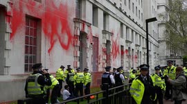 Aftermath of red-paint attack on the MOD by the youth division of JSO 'Youth Demand' .