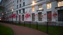 Red paint can still be seen on the MOD building in Whitehall 24 hours after the Youth Demands protest group vandalised the building
