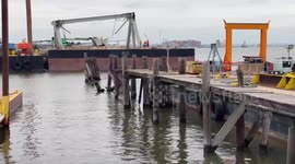 Baltimore bridge cutting at wreckage processing yard in MD, USA