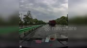 Trucker steps onto waterlogged motorway to catch fish from deluge