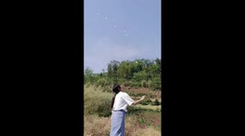 Creative mother uses paper to attract butterflies in countryside