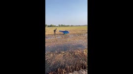 Man driving a tractor swiftly through the paddy fields in Thailand