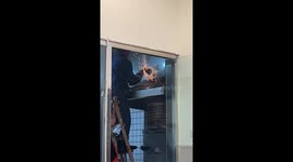 Circular saw makes heart-shaped ring of sparks