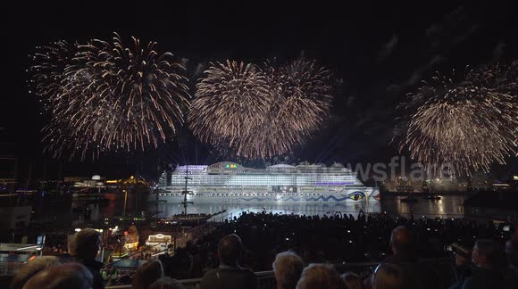 Amazing light show and fireworks display for AIDAprima cruise ship christening