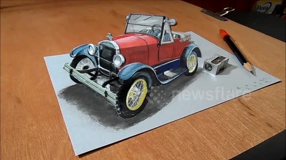 How I Draw a 3D Ford Model, Trick Art, Optical Illusion by Vamos