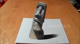 How I Draw a 3 Dimension Easter Island Head, Trick Art by Vamos