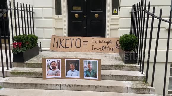 UK Hong Kongers and supporters stage a protest outside the Hong Kong Economic & Trade Office (HKETO) offices in London against the Chinese Government’s alleged spying