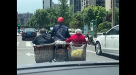 Elderly couple spotted riding unsecured in baskets on motorbike