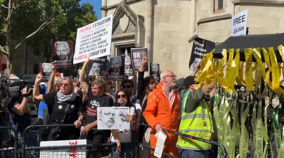 Supporters of Julian Assange gather at the Royal Courts of Justice on The Strand for what is being termed his ‘final battle’ in the UK courts. The demonstration, organised under
