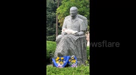 Stray cat finds comfort nestled in statue of beloved middle school teacher in China