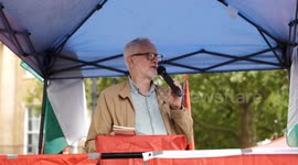 Jeremy Corbyn addresses pro-Palestine protesters in Whitehall following the Israeli attack on IDP camp in Gaza