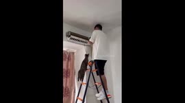 Pet cat supervises air con repair at family home