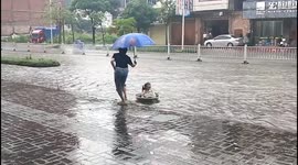 Little girl drifts down flooded road in makeshift boat