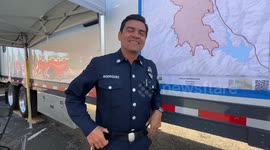 Public Information Officer Marco Rodriguez gives briefing on Post Fire at the Castaic Lake Recreational Park