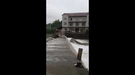 Hero passersby rescue dog stranded on raging weir in China