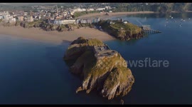 Fly over  of St Catherine's Island, Tenby, Wales.