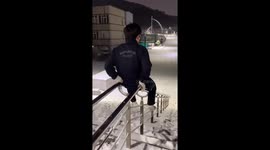 young guy slides down a handrail cowgirl style and rams his nuts directly into the kink in the rail