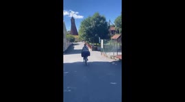 Bicycle riders fall while chatting in Öregrund, Sweden