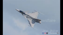 A Swedish Gripen jet chucks some flames at the int air tattoo.