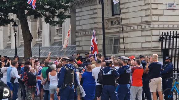 Impromptu protest demanding the release of Tommy Robinson. Outside Downing Street, in London