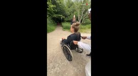 Fun forest outing: Wheelchair ride in the forest ends with a tumble
