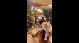 Dog carried like royalty on chair at Loulou Plage, St Tropez