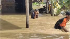 flash floods reach villages in indonesia reaching 2 meters, hundreds of rice fields are inflooded
