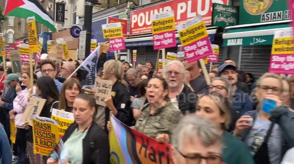 Huge crowds gather at a rally against the far-right and racism in Finchley, London, following a week of riots organised by the far-right