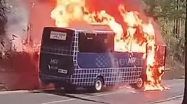 A bus carrying residents in Indonesia caught fire, causing a large fire