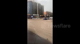 China: Road becomes a yellow river flowing after the rainstorm in Liulin