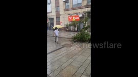 China: A Kid Shares an Umbrella with a Big Dog in Changchun
