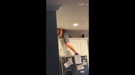 Dad uses top of fridge as hiding spot in fun game of hide-and-seek