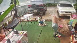 Clever toddler dodges huge centipede scurrying along ground