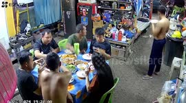 Rescue team having dinner rushes to help people when accident reported CCTV