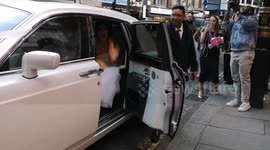 Lucy Moss and Toby Marlow arrive at the press night of Why Am I So Single. They arrived doing a publicity stunt arriving like newlyweds