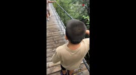 Kids have different reactions to swinging bridge adventure on family outing