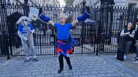 Creative industry workers stage comical dance demonstration during EU National Rejoin March