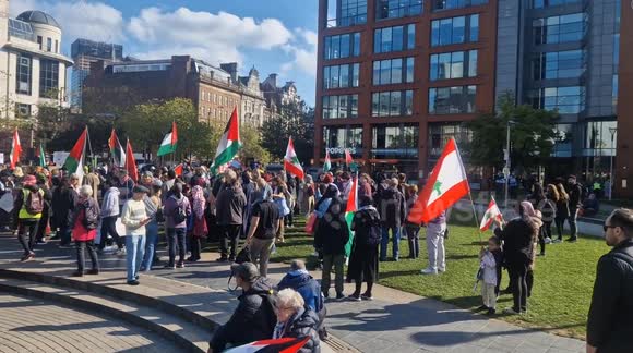 Pro Palestine '1 year of Israeli genocide' demonstration in piccadilly gardens - Manchester, England