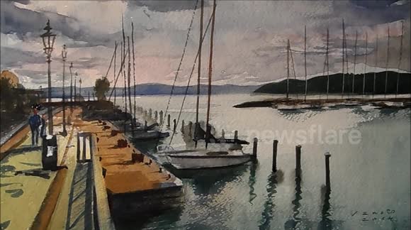 Harbour Balatonfured, Watercolour Painting by Vamos