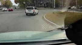 Russia: Moment Bus Stop Topples Over Narrowly Missing Woman Who Was Waiting Nearby