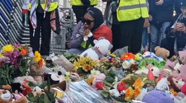 Devastated woman weeps at the gates of Downing Street over floral tributes left for the children of Palestine