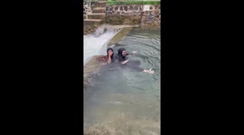 Hilarious scene as woman gets sucked down river current