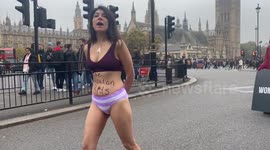A silent protest with a partly dressed woman amongst handsmaids was held in central London to highlight the in justice to Ahoo Daryaei and women in Iran.  London /UK